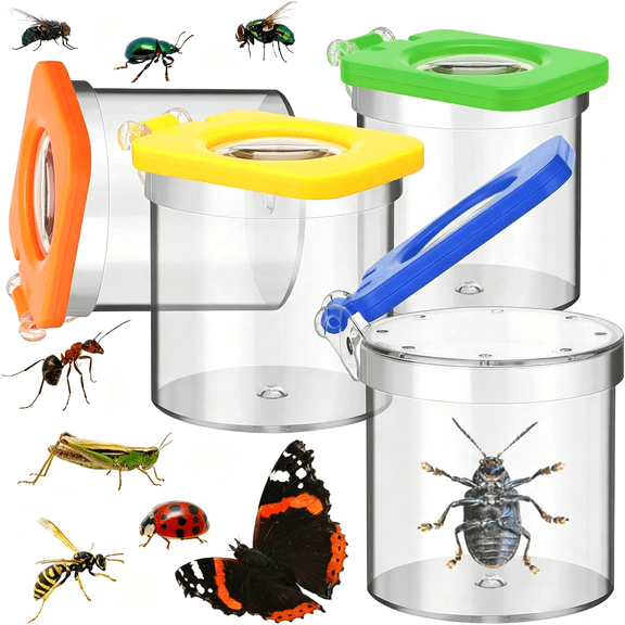 CYFW 4 Pack Insect Bug Viewer for Kids with Tweezers Magnifying Box Observation Kit Catcher Container Cage Jar for Science Nature Exploration Collecting Kit