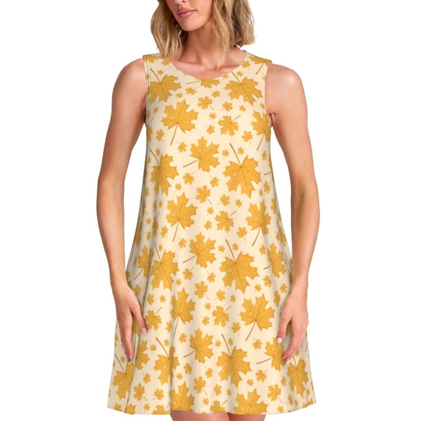 Fotbe Autumn Fall Yellow Leaves Vestido de Verano sin Mangas para Mujer – Vestido Midi Línea A, Estilo Camiseta Floral, Vestido Playero Casual y Fluido