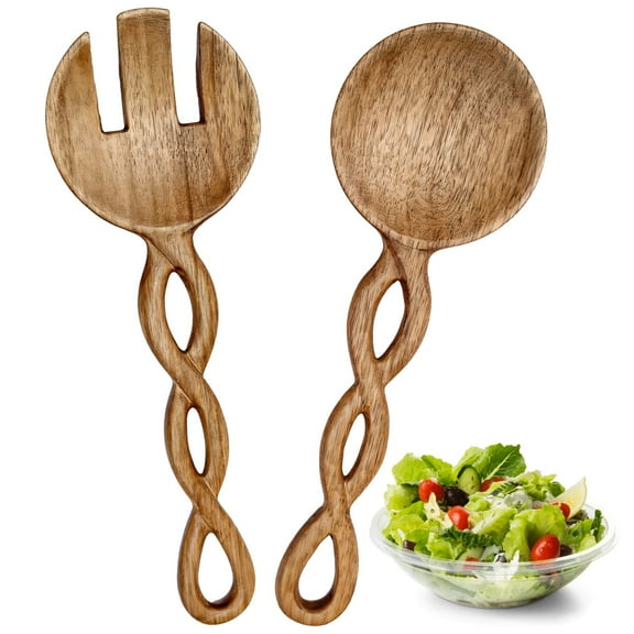 Wood Salad Tongs, Acacia Wood Salad Tongs for Serving with Handles, 2PCS Spoon and Fork Set, Stylish Wooden Utensils