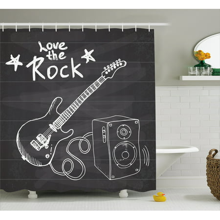 Guitar Shower Curtain, Love The Rock Music Themed Sketch Art Sound Box and Text on Chalkboard Print, Fabric Bathroom Set with Hooks, 69W X 70L Inches, Dark Taupe White, by