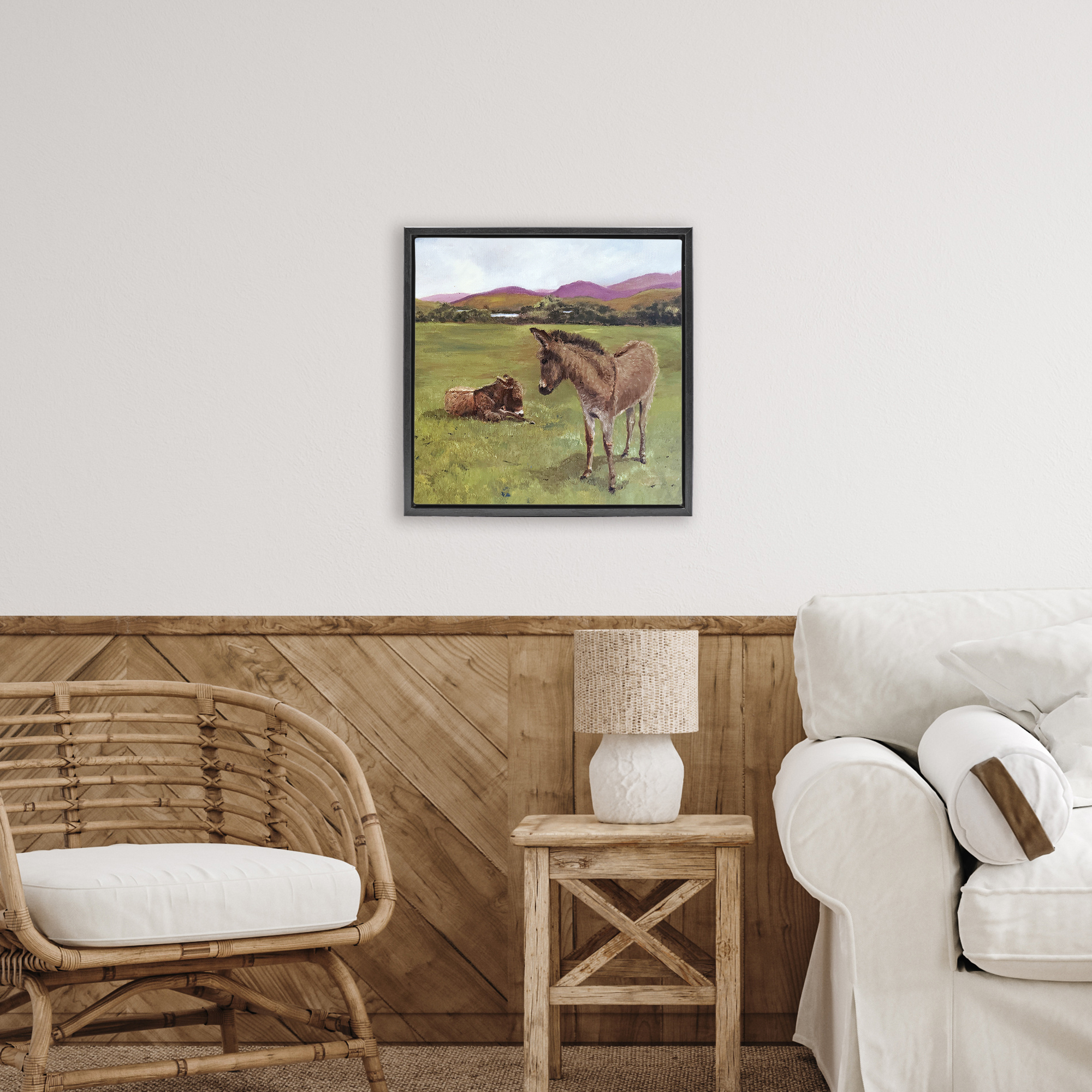 Donkey Duo in Pasture Black Framed Floater Canvas Wall Art, design by Patricia Reynolds