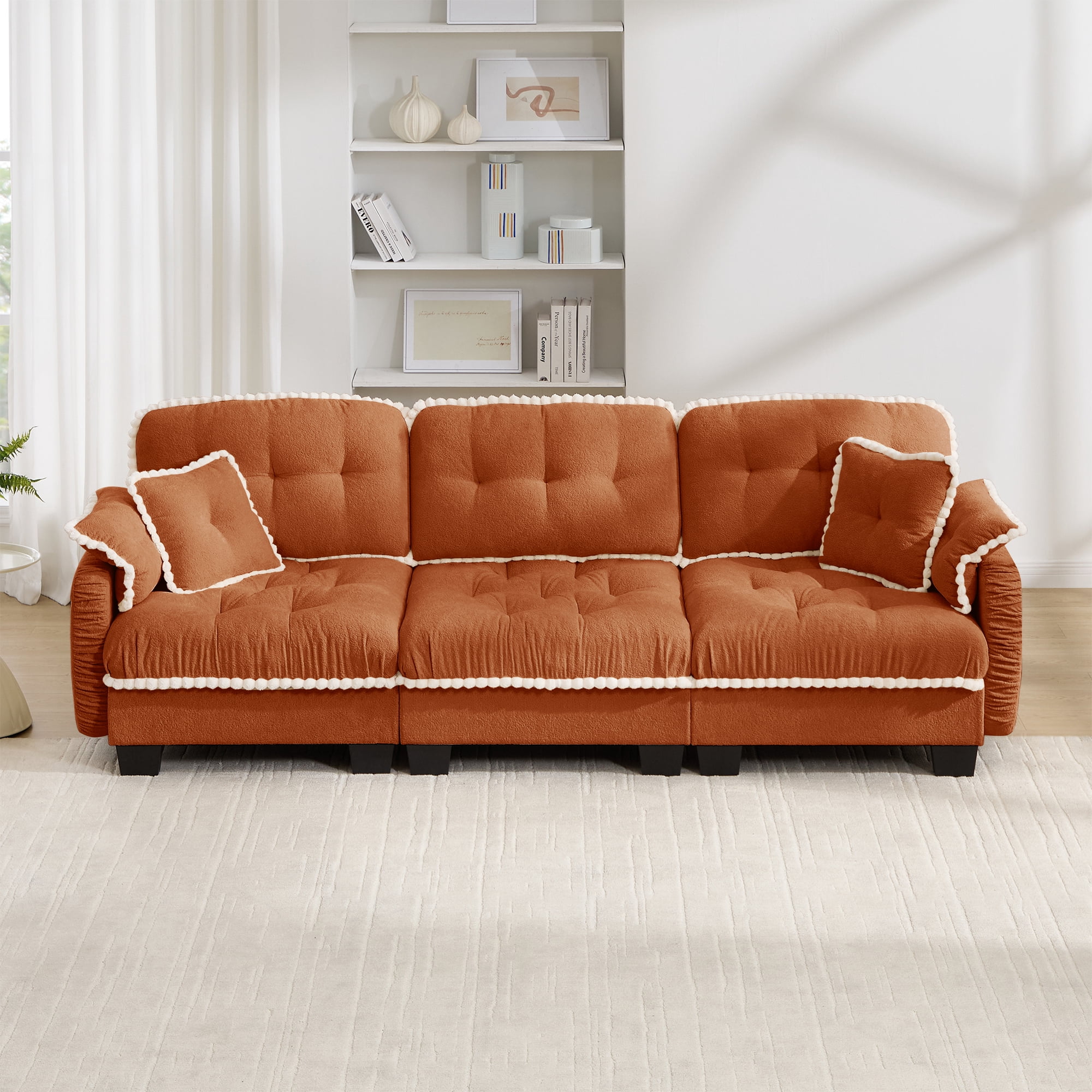 Anpport 100" Chenille Cloud 3‑Seater Sofa with 4 Pillows, Pom‑Pom Trim, Quilted Tufted Ergonomic, Easy Assembly Deep Seat for Living Room Apartment, Orange