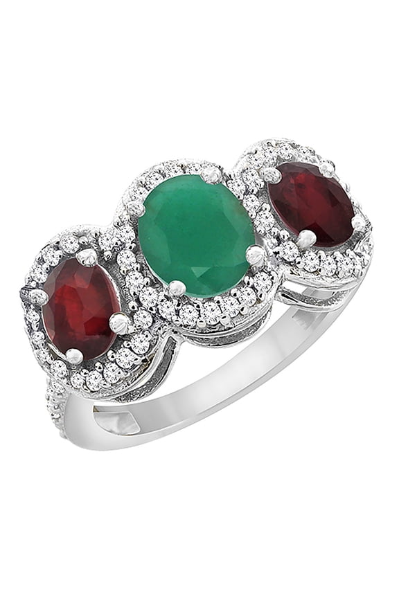 10K White Gold Natural HQ Emerald & Enhanced Ruby 3-Stone Ring Oval Diamond Accent, size 7.5