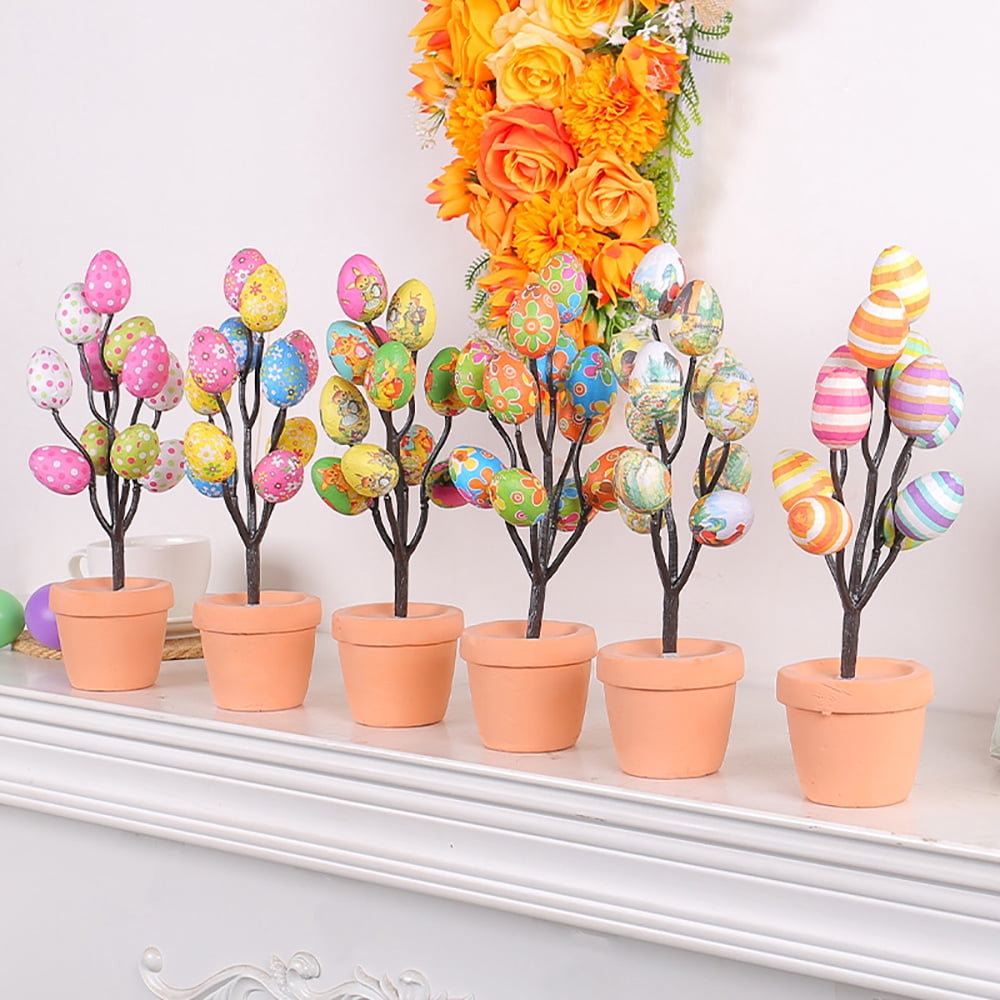 6pcs/set Easter Colorful Eggs Potted Plants Cartoon Printing Eggs Easter Desktop Decoration Decoration