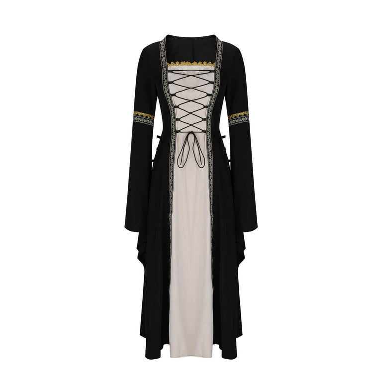 Roncen Women's Square Neck Long Sleeve Dress - Gothic Vintage Corset  Lace-Up Tie Detail Flared Sleeve Maxi Dress with Lace Trim, Retro Bodycon Evening  Gown for Gothic Party Dinner Formal Occasion -