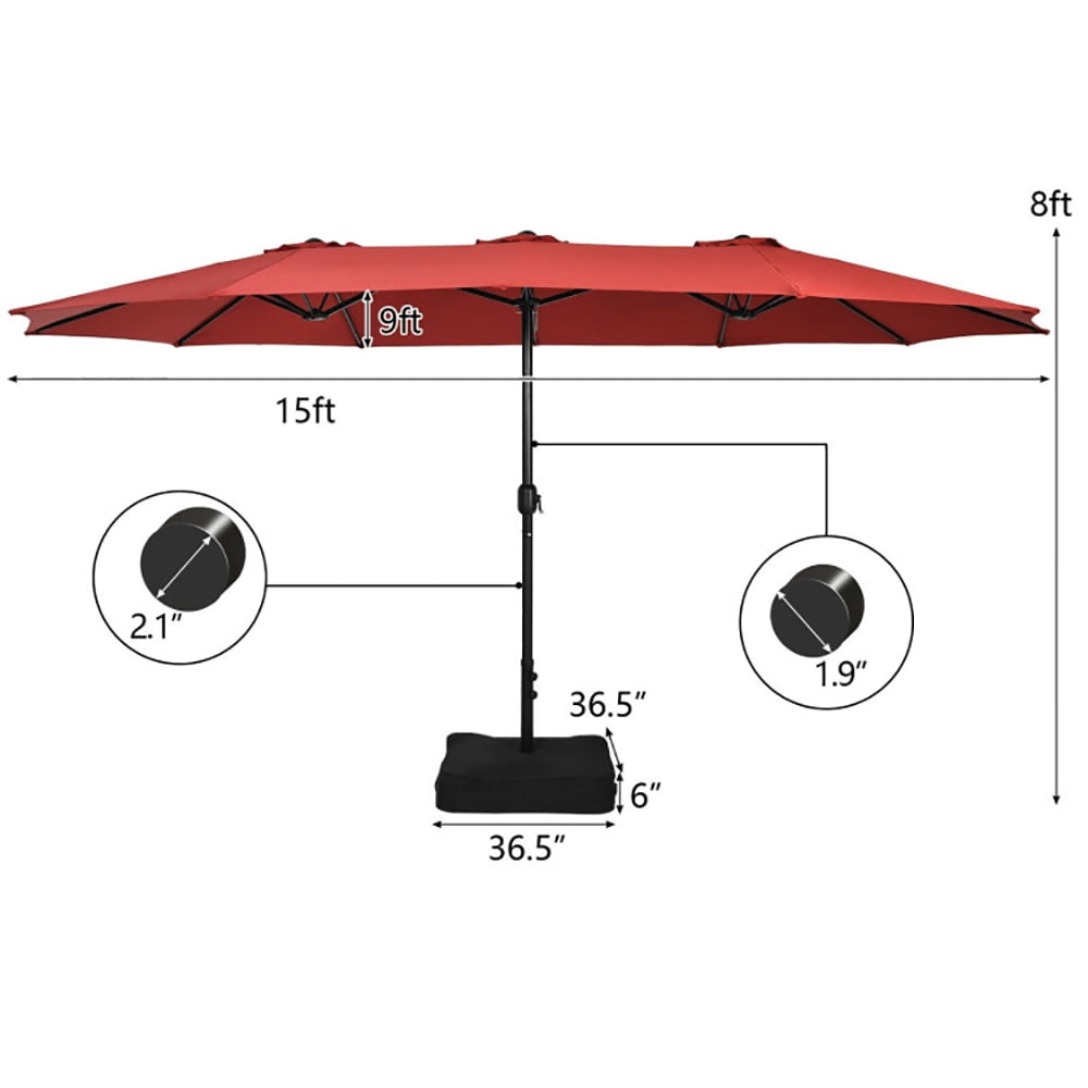 Aimee Lii 15 Feet Double-Sided Twin Patio Umbrella with Crank and Base, Sunbrella Patio Umbrellas, Red Aimee Lii 15 Feet Double-Sided Twin Patio Umbrella with Crank and Base, Sunbrella Patio Umbrellas, Red
