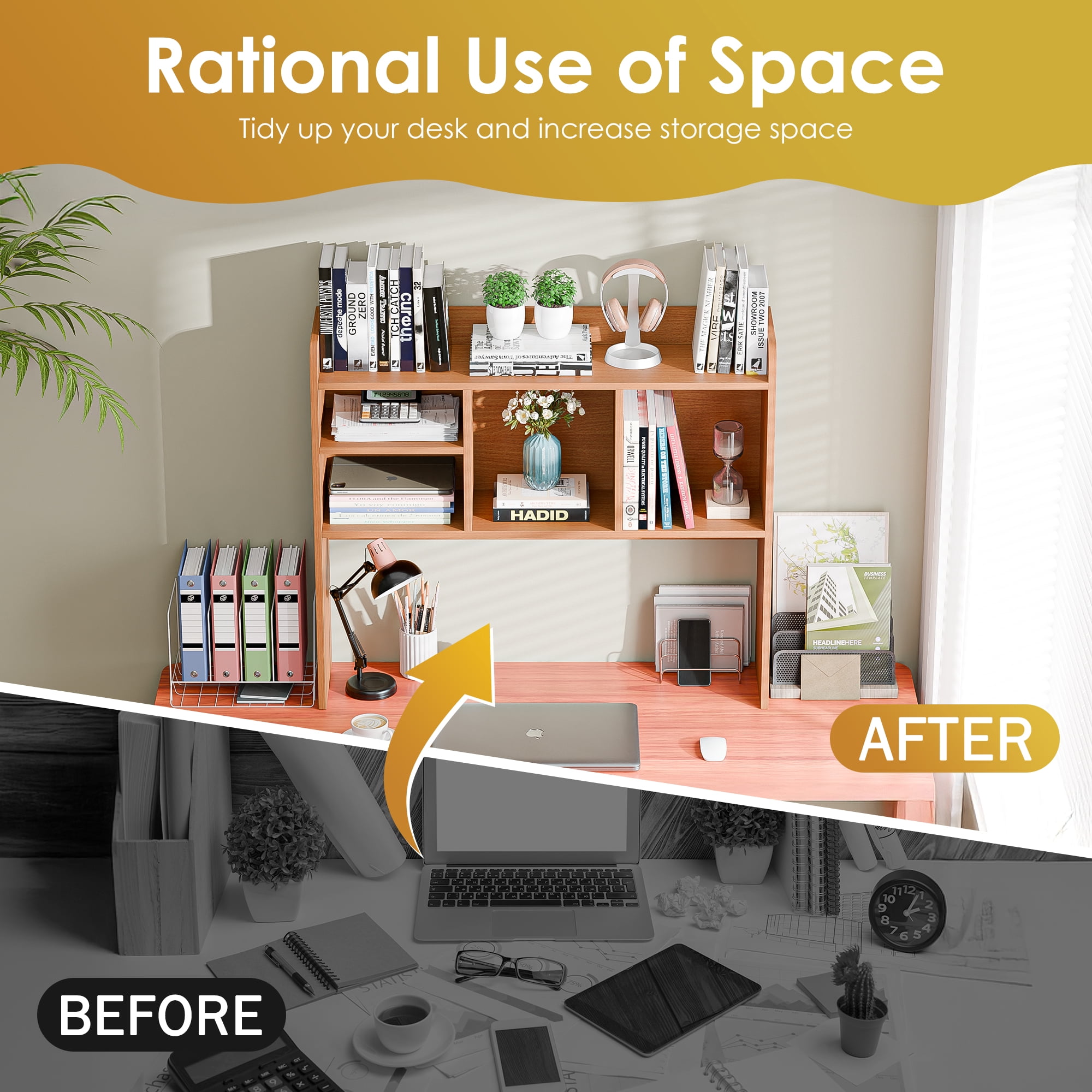 HomGarden 37-in Desktop Bookshelf 2-Tier Desktop Display Rack Desk Organizer Shelf for Storage Home Office Dorm, White