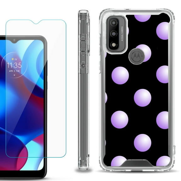 Shockproof Bumper Phone Case for Motorola Moto G Pure, with Tempered Glass Screen Protector, by OneToughShield ® - Polka Dot / Purple