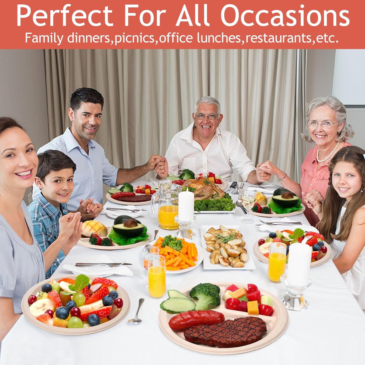 125 Pack 3 Compartment Paper Plates,Compostable Paper Plates,Disposable Paper Plates,9 Inch Heavy Duty Biodegradable Plates for Daily Meals,Food Grade Sugar Cane Fiber