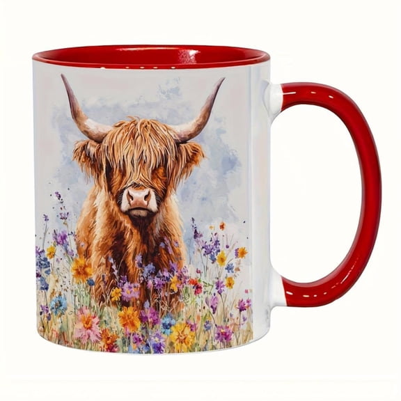 11oz Highland Cow in Flowers Ceramic Mug Rustic Nature Inspired Design Hot Cold Drinks Great Office Home Use Ideal Coffee Cup Floral Mug Durable Drinkwar
