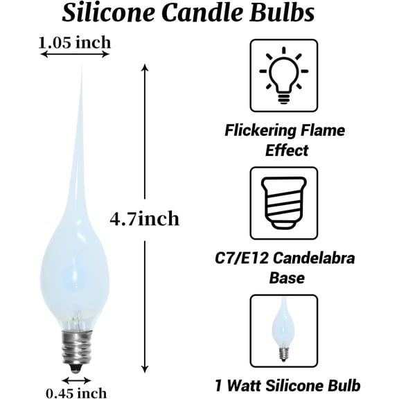 OPVM-Silicone Dipped Candle Light Bulbs C7 Flickering Flame Bulb E12 Base, Shatterproof Silicone Christmas Light Bulbs for Candle Lamps Electric Window Candles Chandelier Decor, 12 Pack, 1W