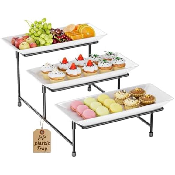 3 Tier Servings Tray for Party, 12"x6" Tiered Serving Platters with Steel Display Stand for Sevring Food,Cookies,Veggie, Dessert,Fruit, Black