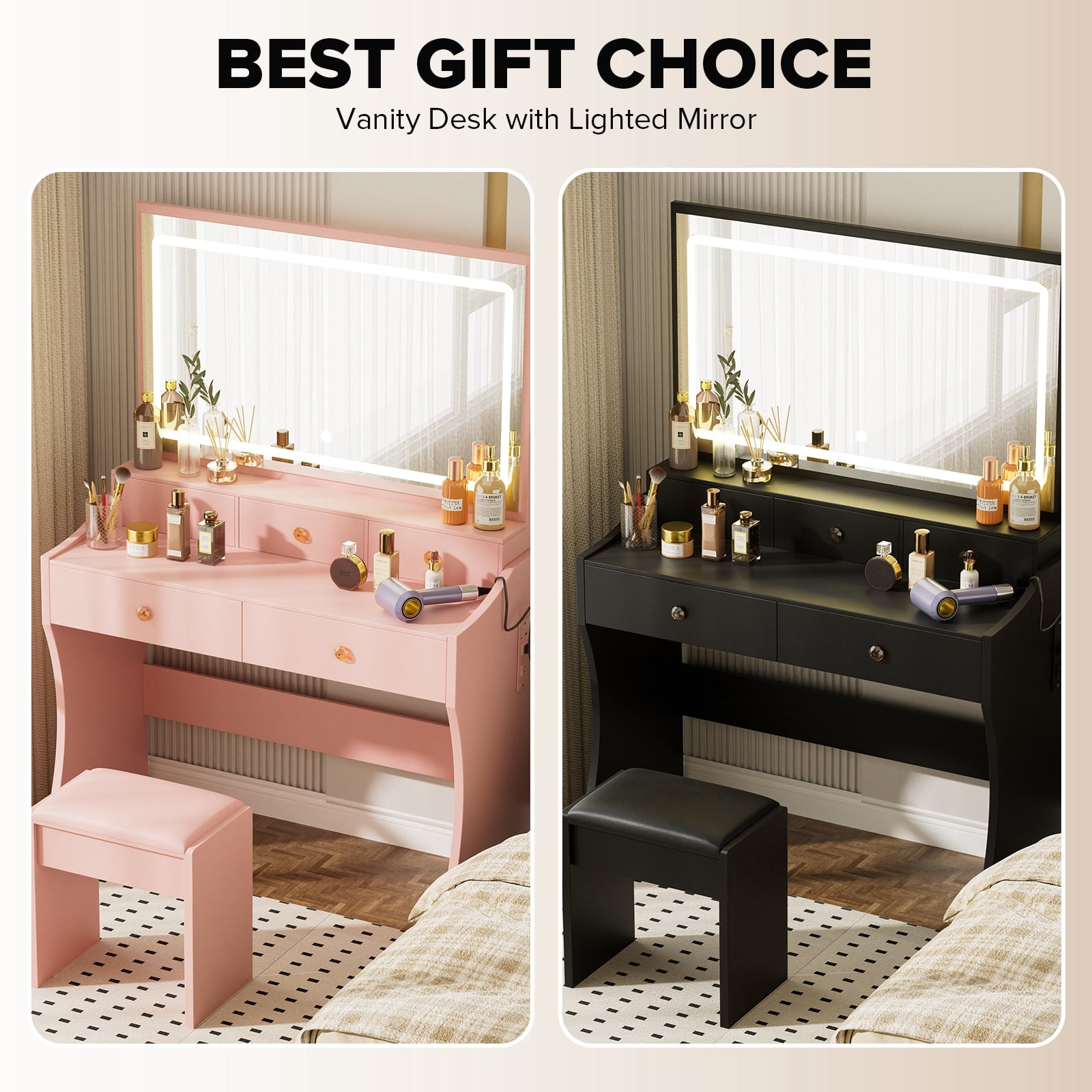 LUCKLIFE Pink Vanity Desk with Mirror and Lights, 5 Drawers & Charging Station, Vanity Table and Chair Set