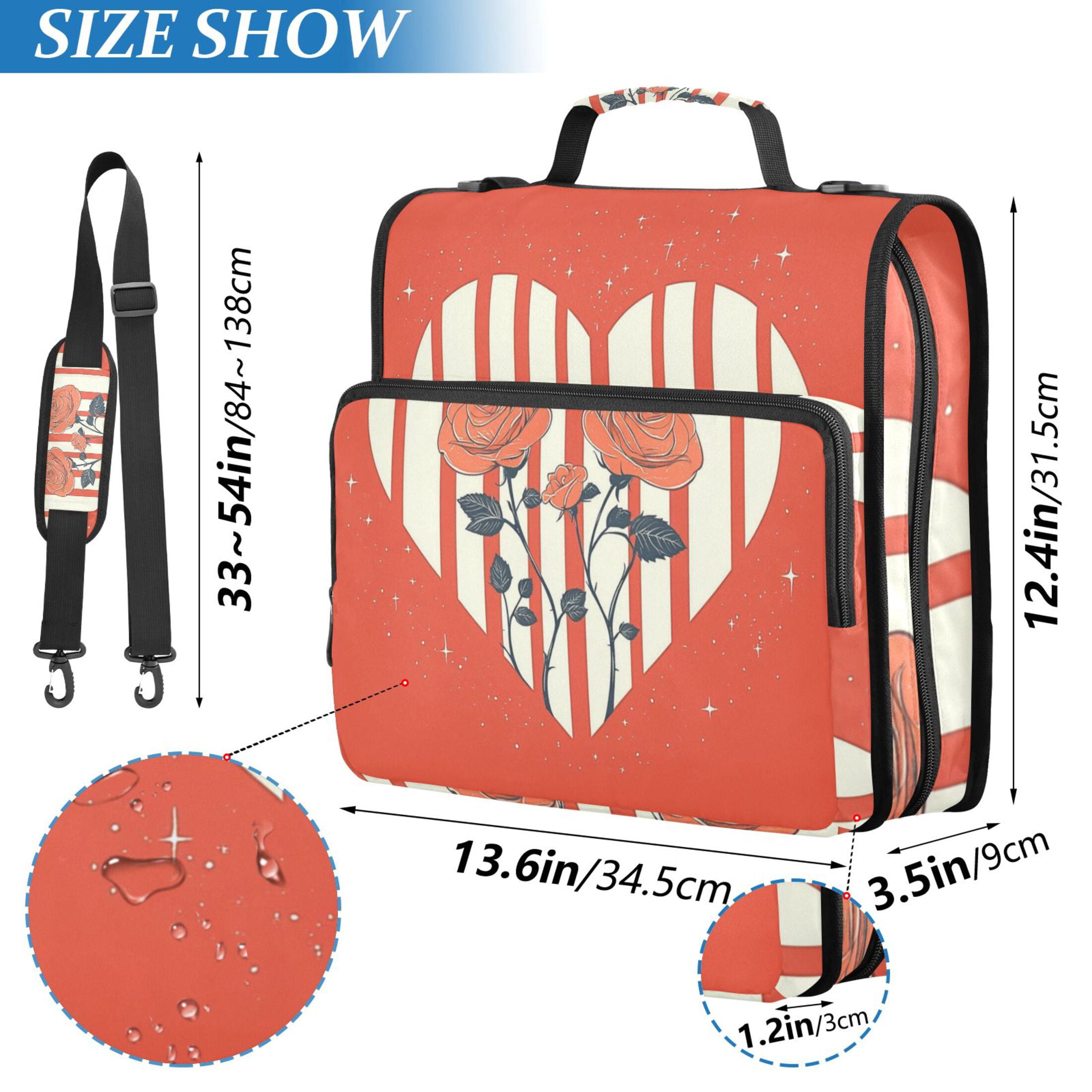 3 Ring Zipper Binder with Shoulder Strap Waterproof Trapper Keeper 2 Inch D-Ring 500 Sheets Capacity Love Heart with Roses