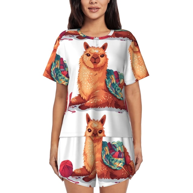 Balery Cozy Knitting Llama Conjunto de Pijama para Mujer con Estampado, Dos Piezas de Manga Corta y Shorts, Ropa de Dormir Suave con Cuello Redondo y Bolsillos-Small