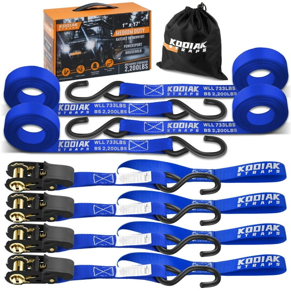 KODIAK STRAPS Ratchet Straps Heavy Duty Tie Down Strap Set 2200 Break Strength – 1" x 17' 4pk with Soft Loops Cargo Truck Bed Tie Downs – Coated Deep S-Hook & Carry Bag for Securing Cargo Blue