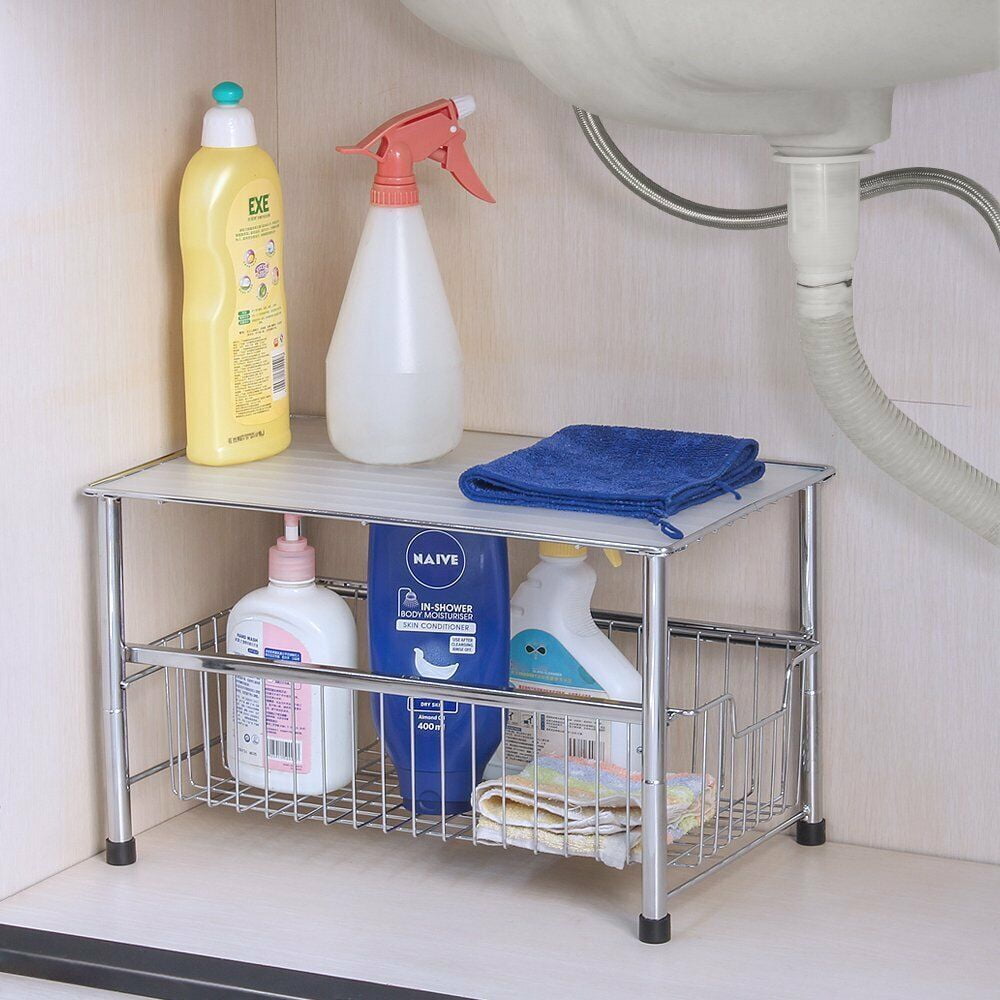 2 Tier Stackable Under Sink Shelves Sliding Basket Organizer Drawer Rack