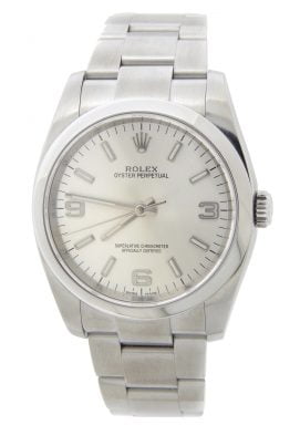 Pre-Owned 36mm Rolex Stainless Steel Oyster Perpetual Watch Silver Arabic Dial 116000