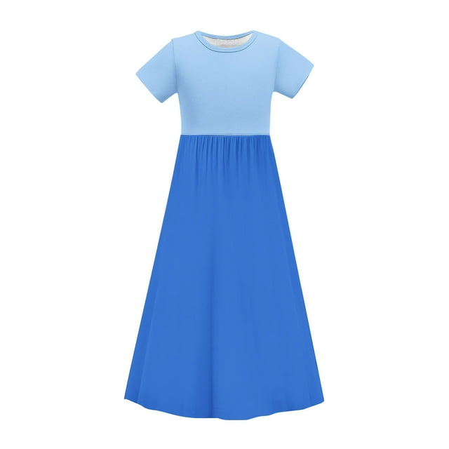 Bwiyojiz Tailles Mode 120-170 Robe à Manches Courtes à Col Rond Tout-Petits Enfants Mignonne Couleur Unie à Empiècements Extensible avec Poche Coupe Évasée Longue, 4 Ans, Cadeaux pour la Famille, Bleu