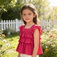 thumbnail image 6 of LEKWK Girls Gingham Top Toddler Tiered Ruffle Cap Sleeve Cute Tank Tops Square Neck Tie Back Babydoll Shirts Kids Summer Back to School Outfits Size 3-10Y, 6 of 7