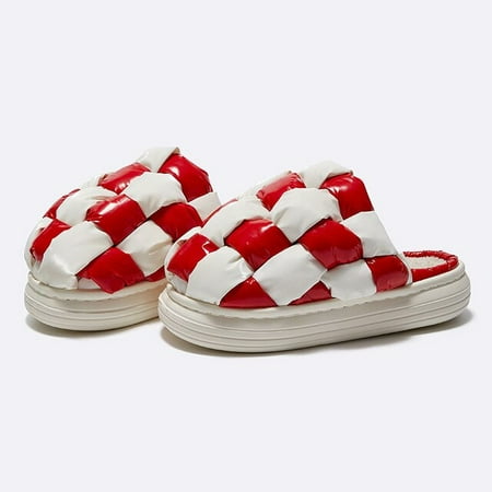 

CoCopeanut Women Home Slippers New Checkerboard Classic Contrast Color Design Winter Warm Faux Fur Indoor Female Thick Sole Woman Shoes