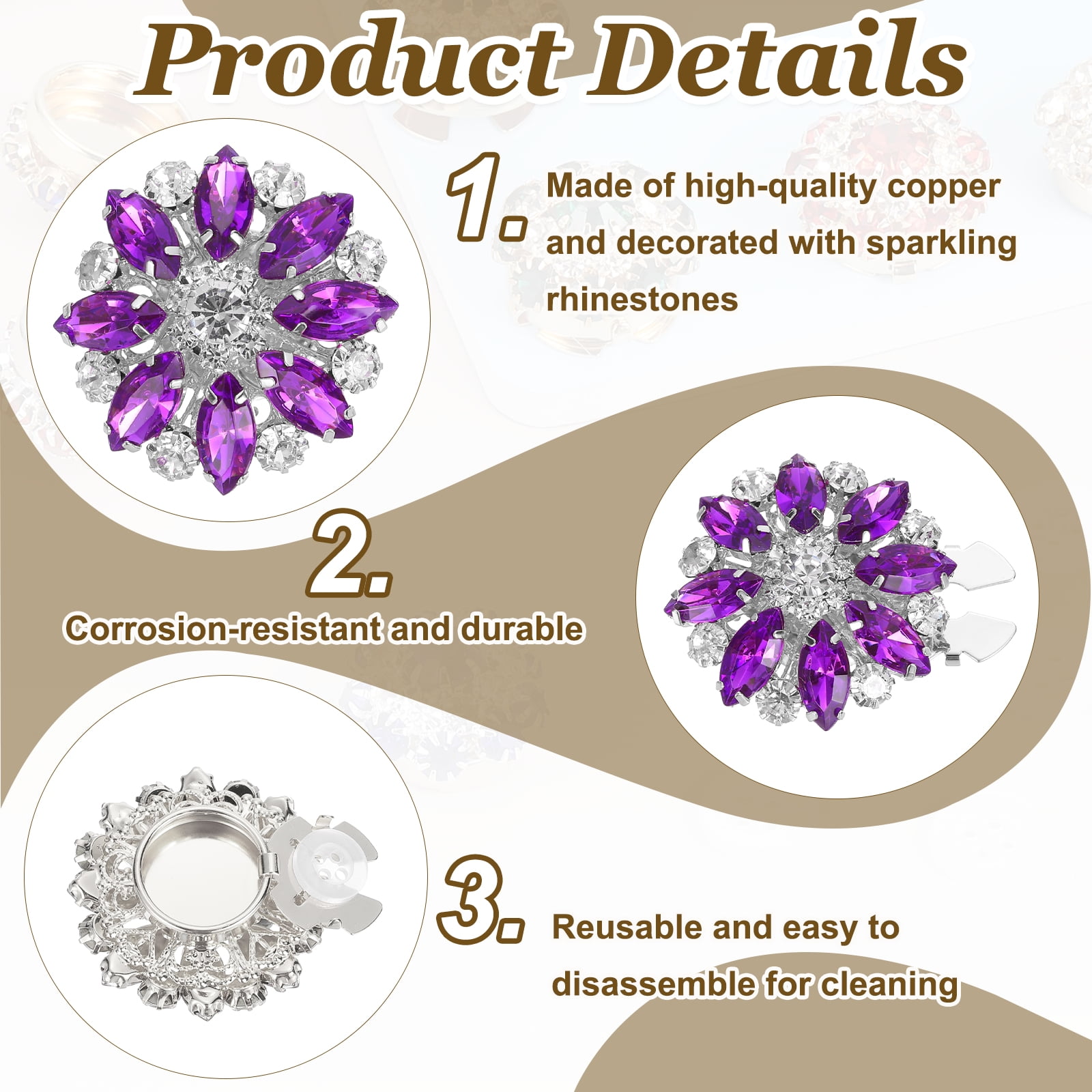 6 Pcs Rhinestone Button Covers Decorative Clips with 10 Pcs White Sewing Buttons Detachable Marquise Sewing Replacement for Women Men DIY Crafts Accessories (Purple Blue/Silver)
