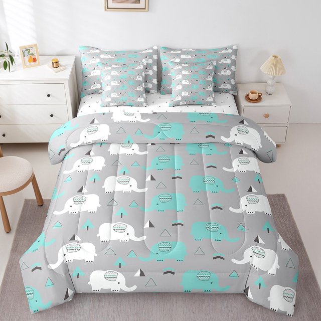 Erosebridal Cartoon Elephant Bedding Sets Twin Size,Triangle Geometry Comforter Sets with Sheets,Animal Decor,Reversible,Breathable,7-Piece
