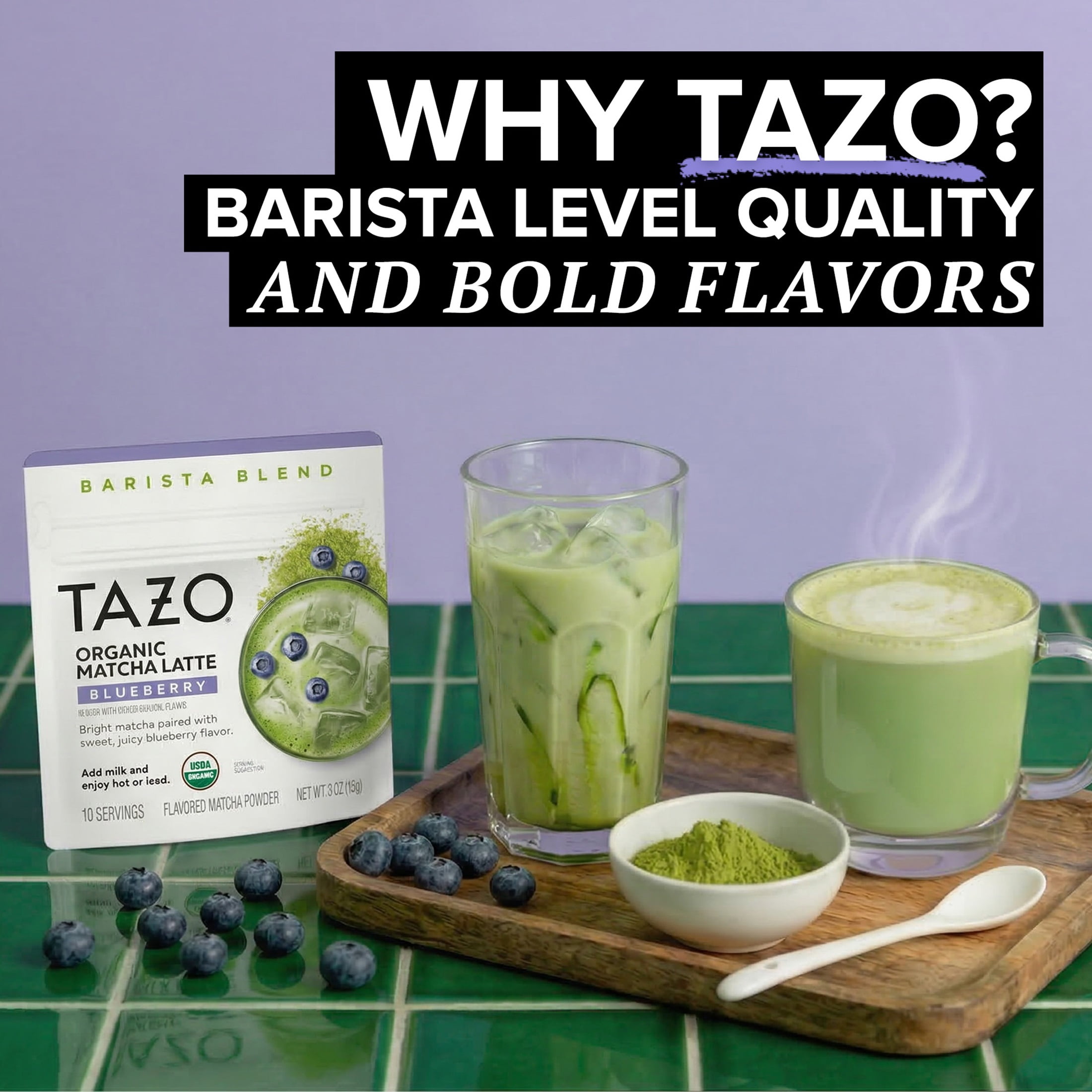 TAZO Organic Blueberry Matcha Latte Powder with 10 Servings, 3.5 oz