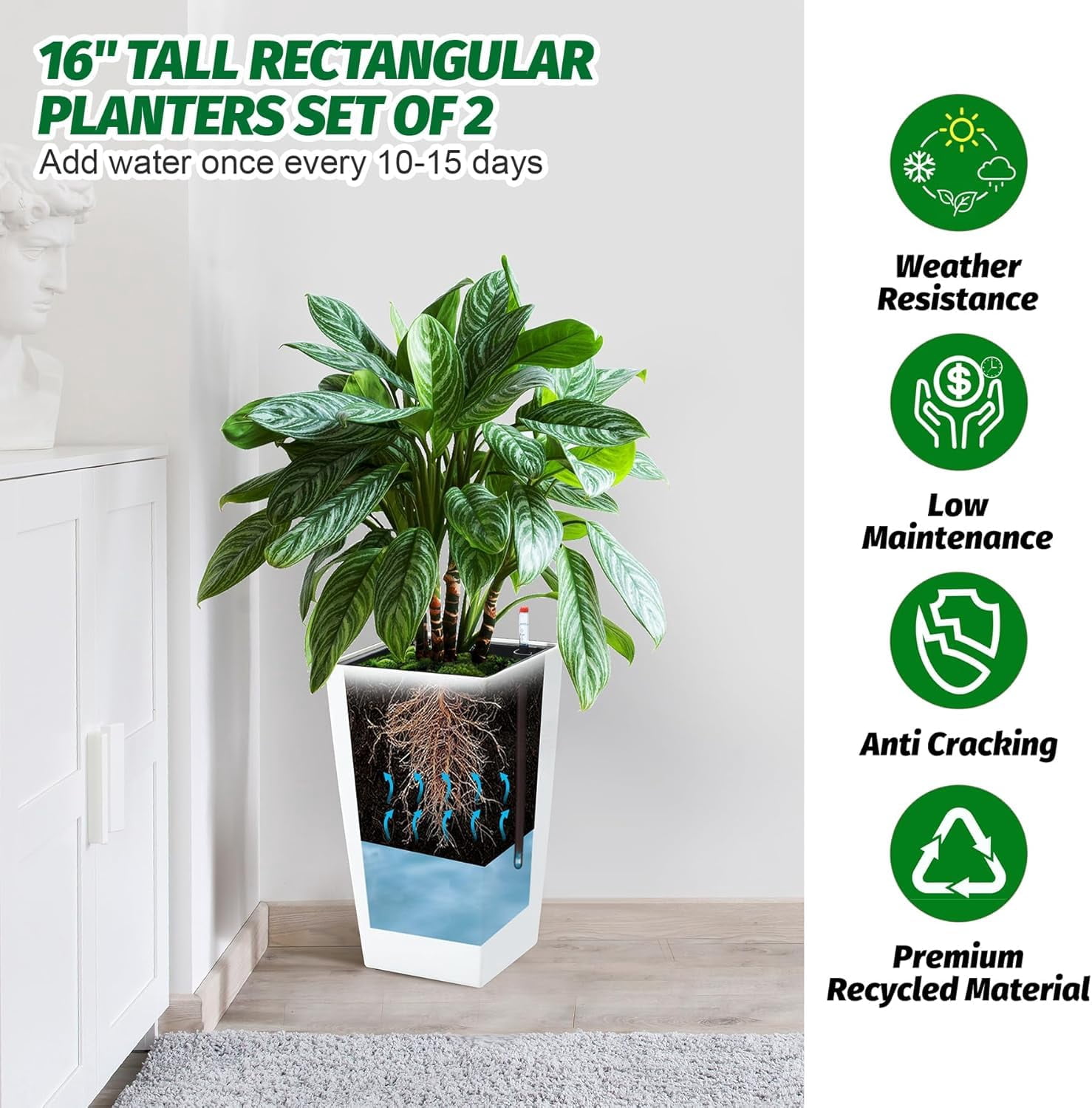 Garvee 16" Tall Self-Watering Planter Pots, Set of 4, Outdoor & Indoor Planters with Water Level Monitor and Drainage Holes, White