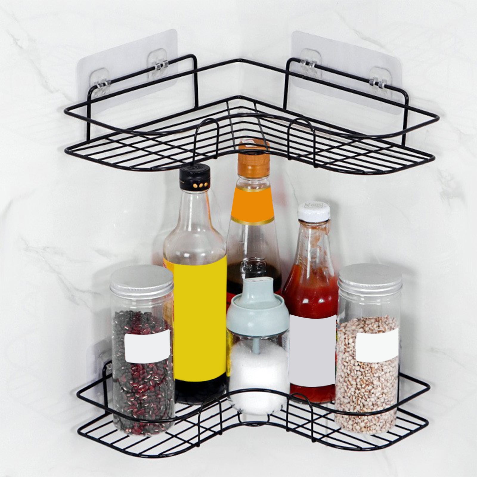 COM1950s Adhesive Shower Caddy Corner Shelf,Hanging Bathroom Shelves Wall Mounted Shower Shelf,Non-Drilling Floating Shelf for Bathroom Organizer/Kitchen/Shower Organizer (1 Pack,Black)