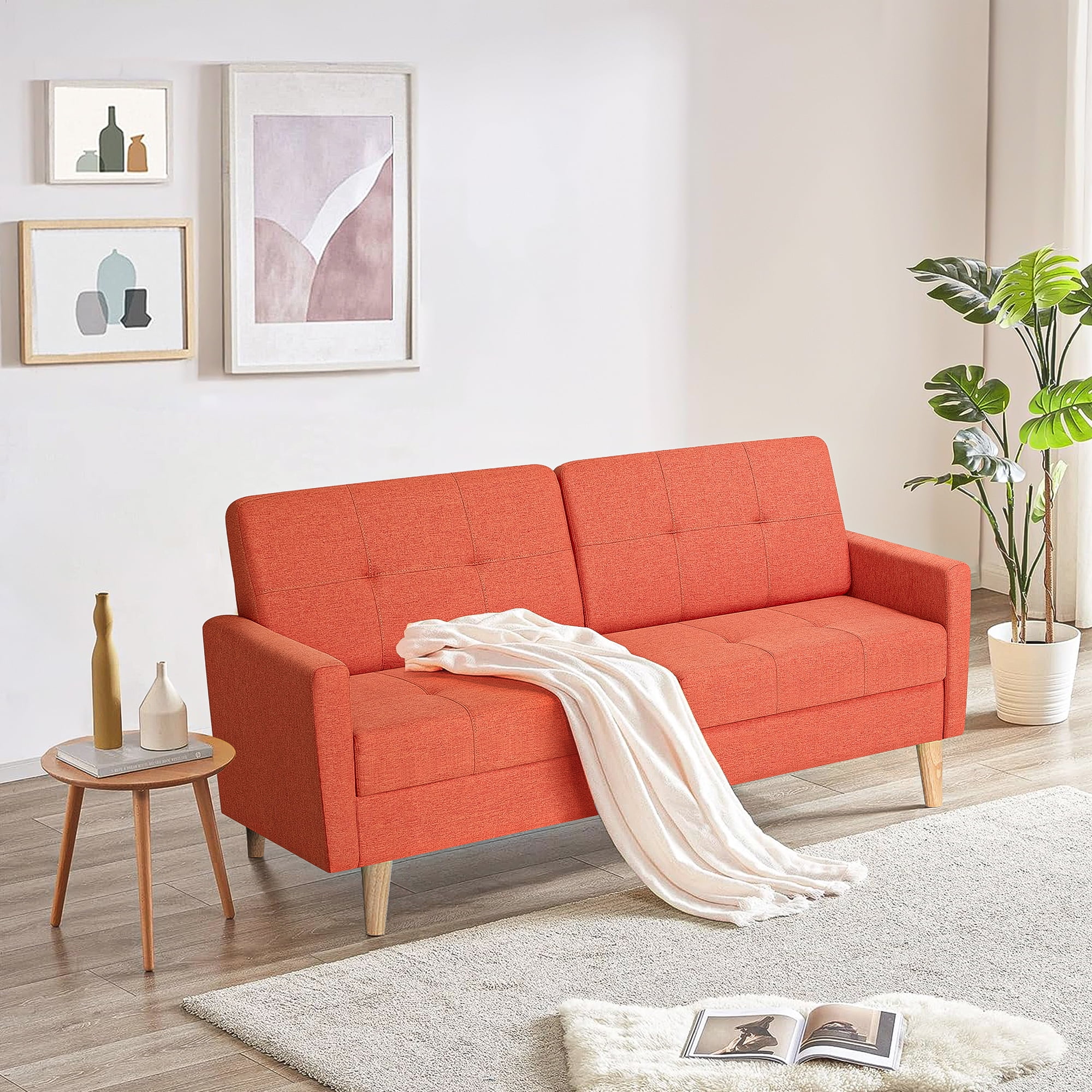 Kadyn Loveseat Sofa Bed, Mordern Convertible Sofa with Adjustable Backrest and Wooden Legs, 2-Seat Couch for Bedroom, Orange