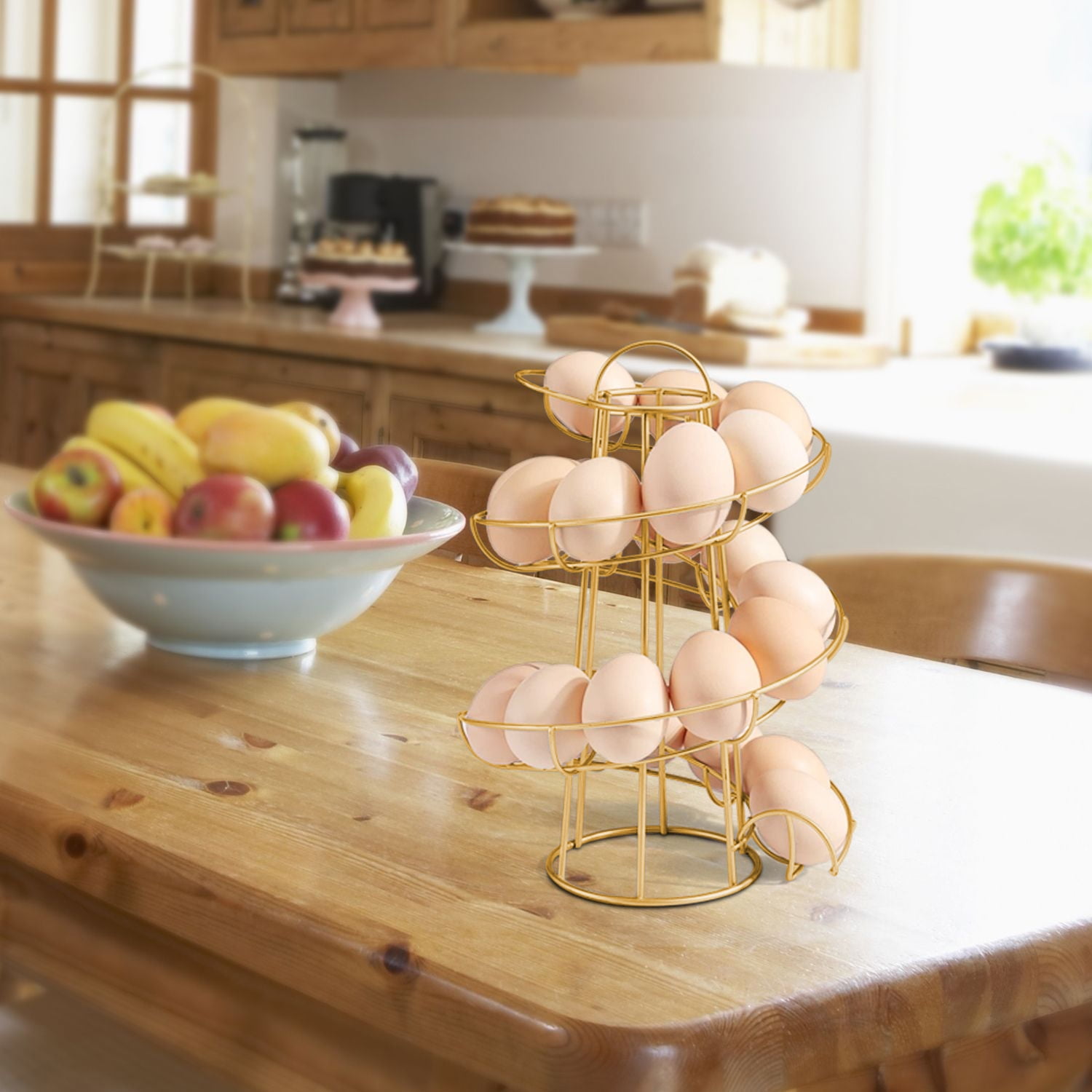 Egg Skelter Deluxe Modern Spiraling Dispenser Rack (Medium) - Chrome Plated Freestanding Wire Chicken Egg Storage Organizer Display Holder Basket for Countertop Kitchen, Gold