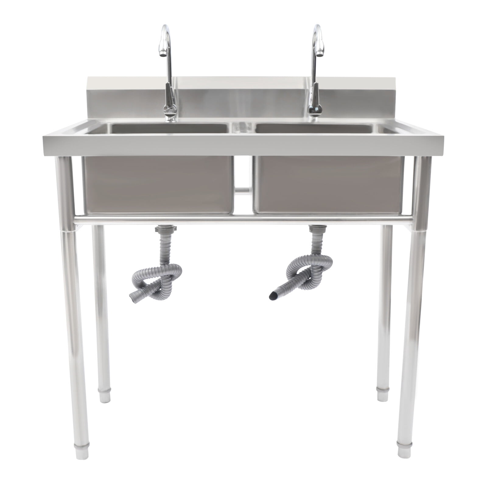 Stainless Steel Sink 2 Compartment Free Standing Utility Sink, Double Bowl Kitchen Sinks with 2 Rotary Faucets, Commercial Prep Sinks for Garage, Restaurant, 39.4" W x 23.6" D x 40" H