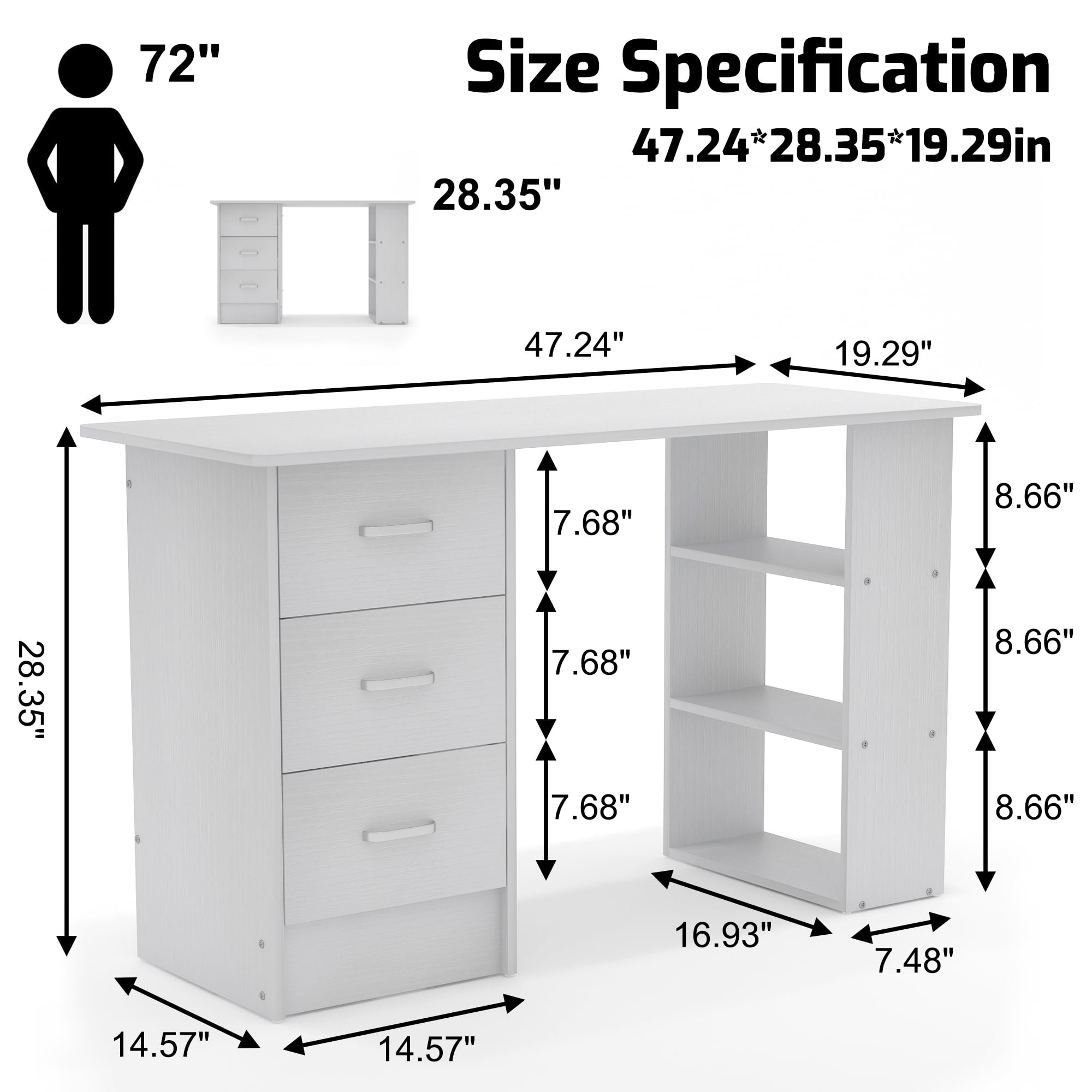 Chnnmbrn Computer Desk With Drawers,Standing Dressing Desk With Storage Racks,Writing Desk for Home Office , Bedroom,Black
