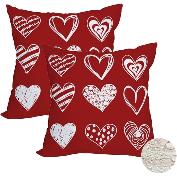 Lot de 2 Housses de Coussin Imperméables pour l'Extérieur de la Saint-Valentin 18x18 Pouces Blanc Rouge Cœur d'Amour Vacances Taies d'Oreiller Décoratives Romantiques de la Saint-Valentin Décorations de Style Ferme Housse de Coussin Double Face