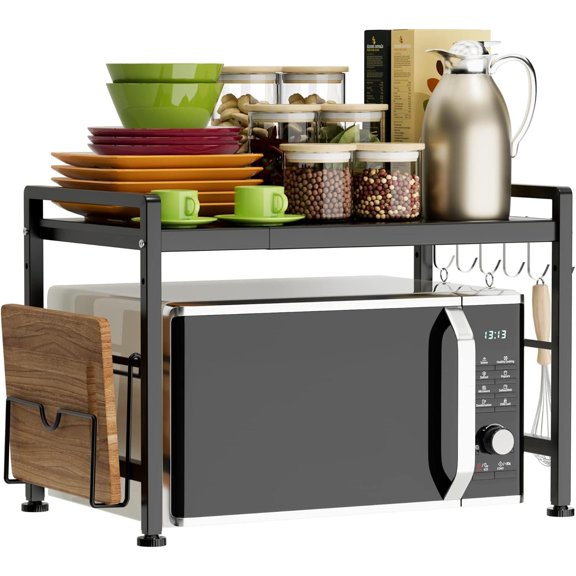 Extendable Microwave Oven Rack - Adjustable Kitchen counter shelf, 2 Tier Microwave Stand with 6 Hooks for Kitchen Countertop Organizer (Black)