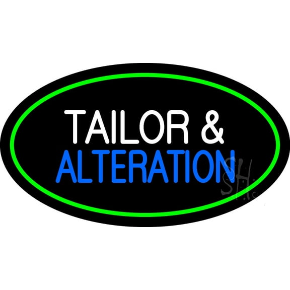 Tailor and Alteration Oval Green LED Neon Sign 13 x 24 - inches, Black Square Cut Acrylic Backing, with Dimmer - Bright and Premium built indoor LED Neon Sign for Storefront.