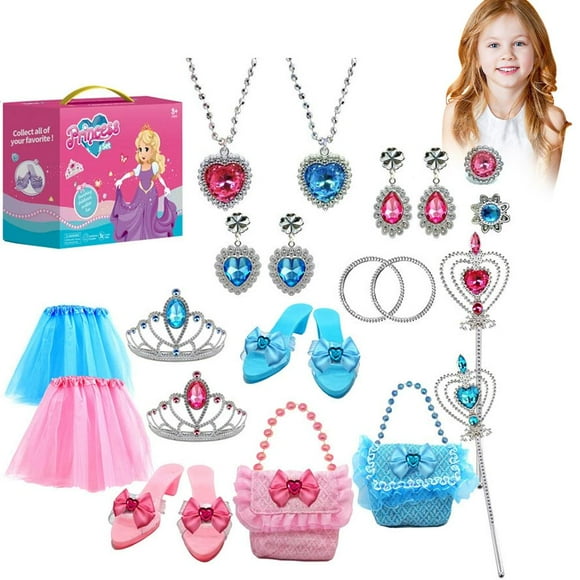 Princess Dress Up Shoes & Pretend Jewelry Accessories Set, Girls Xmas Gifts Toys for 3-6 Year Old, Royal Fantasy Play Kit with Crowns, Wands, Handbags, Necklaces, Costumes for Little Girls