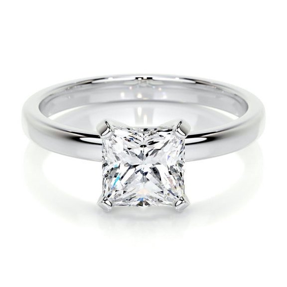 First Jewel Simple Solitaire Diamond Ring - Excellent 1.8 Ct Princess Cut Diamond Ring - White Gold Over 14K Silver Diamond Rings - Solo Diamond Rings - Solitaire Engagement Wedding Silver Rings