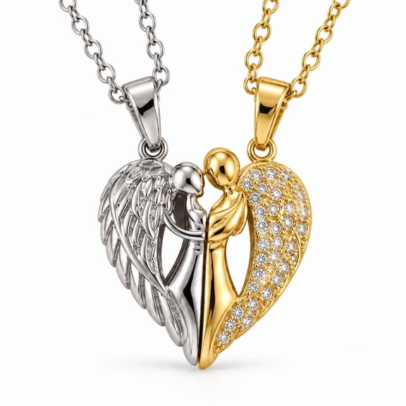 Gold & Silver Angel Heart Necklace Set Magnetic Stainless Steel Adjustable
