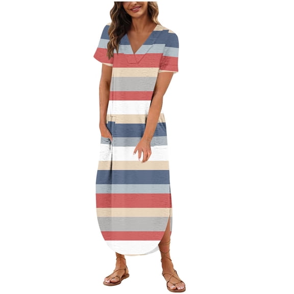 Summer Beach Dresses for Womens 2025 Plus Size Fashion Sexy Printing Pocket Short Sleeve V-Neck Dress