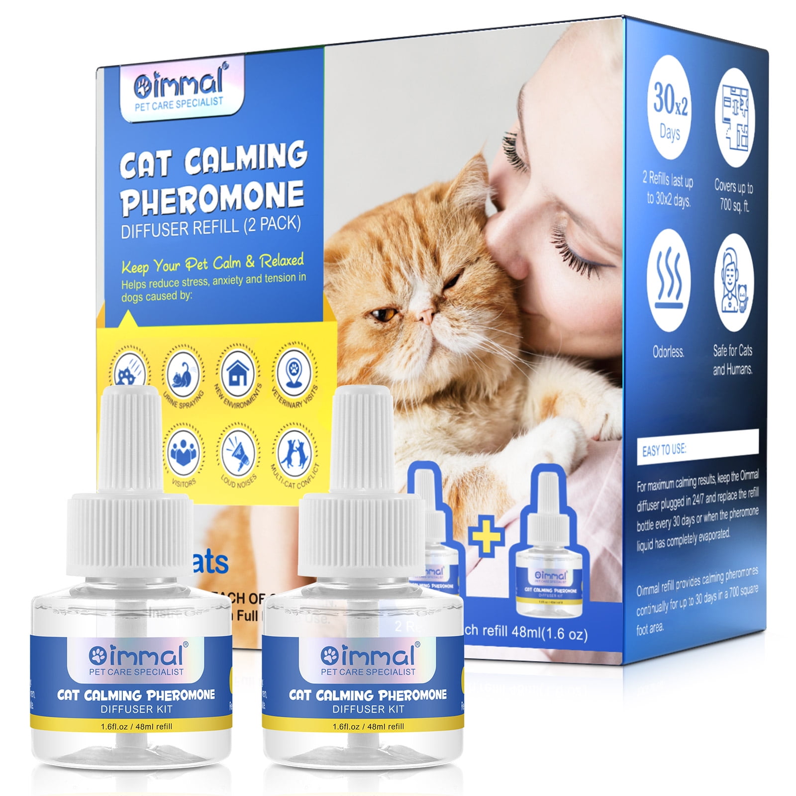 Oimmal Cat Calming Diffuser Refill (No Plug), Pheromone Calming Diffuser for Cats and Kitten,Ensures Your Cat Feel Safe and Relaxed At Home/in New Environment,60 Days Supply 2 Refills