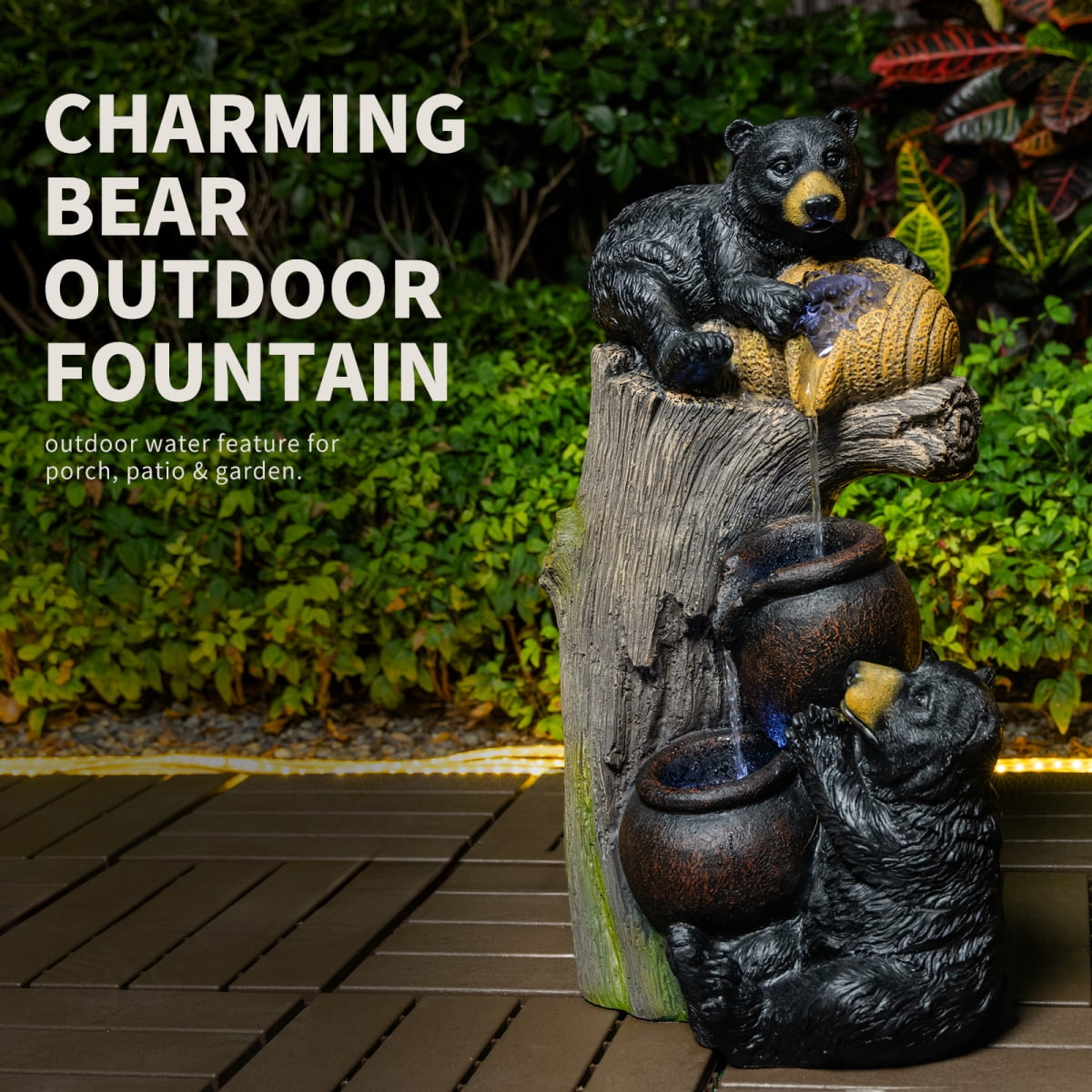 Bear Outdoor Water Fountain with LED Lights Cascading 23.62 Inch Garden Decor for Patio Yard Balcony