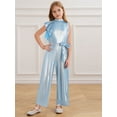 thumbnail image 2 of inlzdz Combinaison Longue Taille Haute pour Enfants avec Ceinture, à Volants, Col Rond, Manches Courtes, Bleu 8, 2 of 5