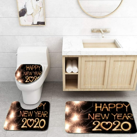 GOHAO Happy New Year 2020 3 Piece Bathroom Rugs Set Bath Rug Contour Mat and Toilet Lid Cover