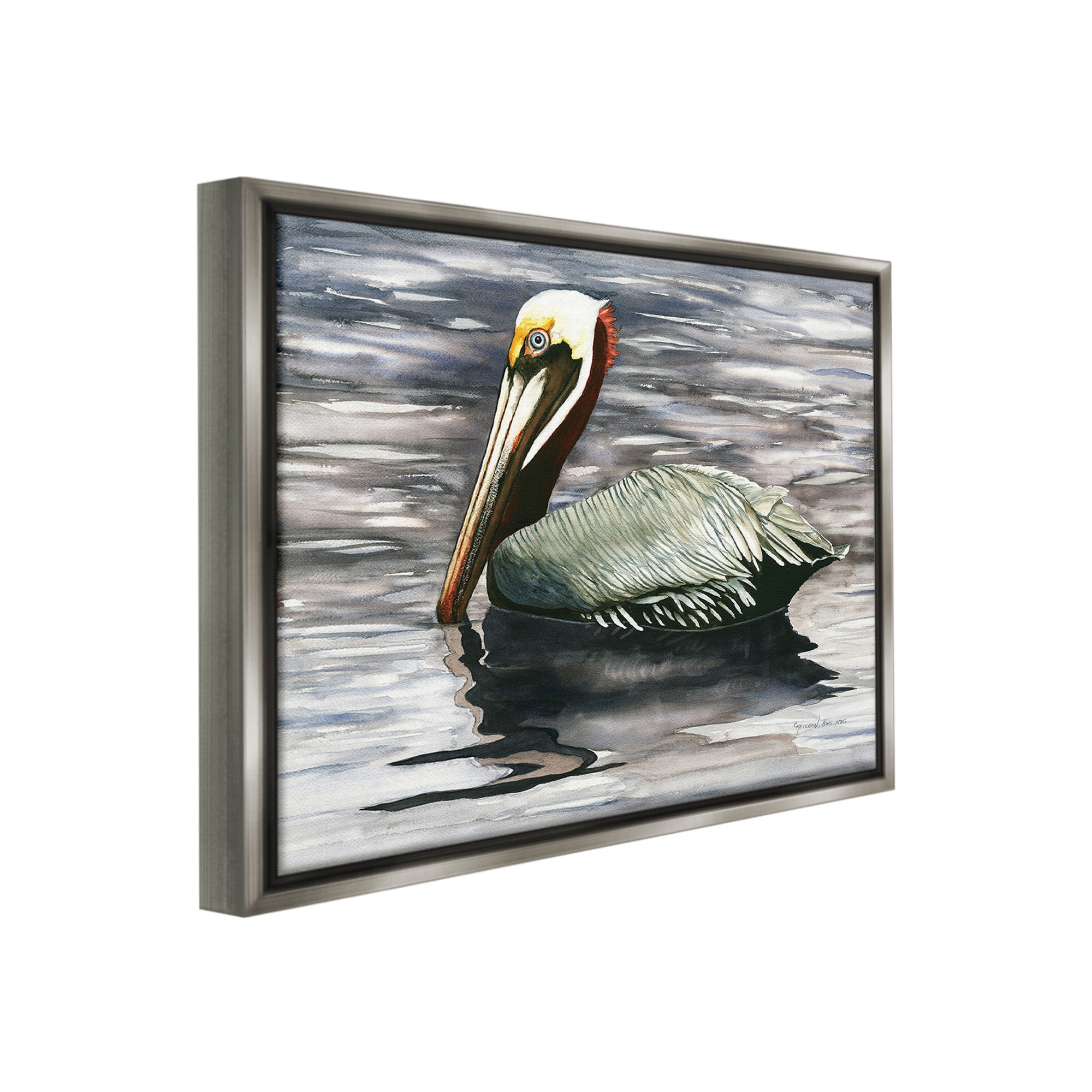 Stupell Industries Swimming Nautical Pelican Animals & Insects Painting Gray Floater Framed Canvas Art Print Wall Art, 31 x 25