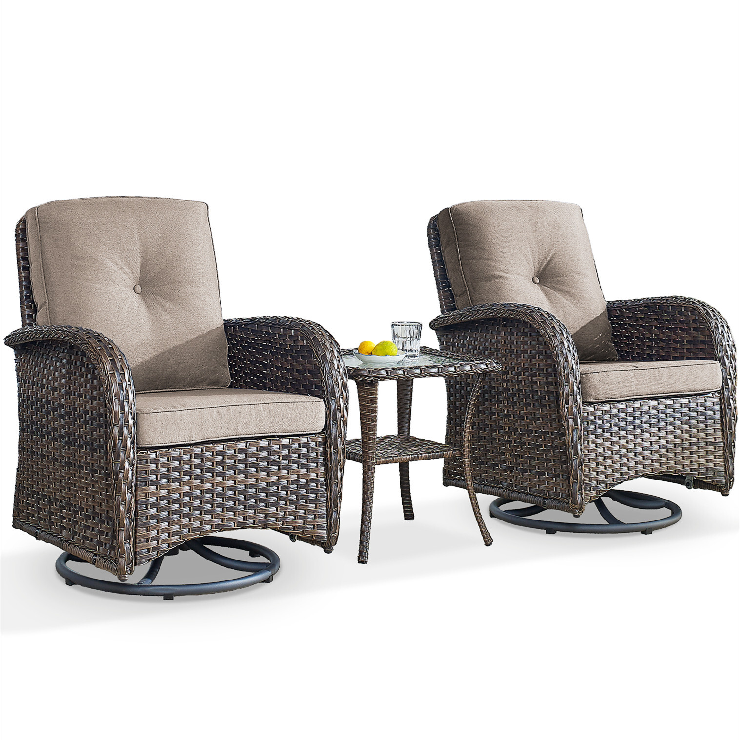 Bellefurn Patio Swivel Chairs Set of 2 Outdoor Swivel Rocker Patio Chair with Side Table,Wicker Patio Furniture Set for Porch Deck Backyard Poolside
