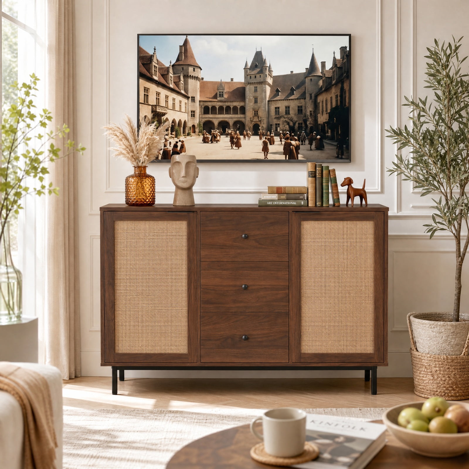 Furnibear Sideboard Buffet Cabinet Rustic Farmhouse Coffee Bar Table with 2 Rattan Doors and 3 Drawers for Kitchen Dining Living Room Buffet, Brown
