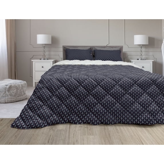 Anchor Comforter & Sham Bedding Set, Pattern with Small White Anchors and Little Red Hearts Romantic Vacation, 3 pcs Duvet Set Microfiber Filling Quilt, 5 Sizes, Black White Red, by Ambesonne