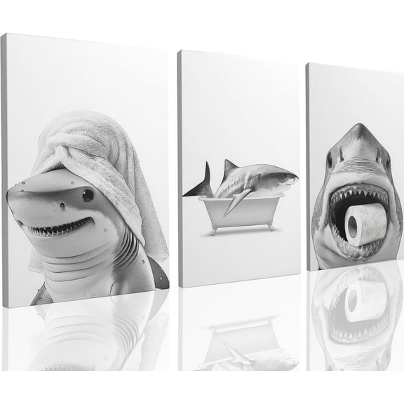 Hieng Black And White Shark Bathroom Canvas Wall Art, Funny Ocean Animal Bathtub Paintings Pictures Wall Decor Modern Poster Printing Artwork for Restroom(Only canvas)